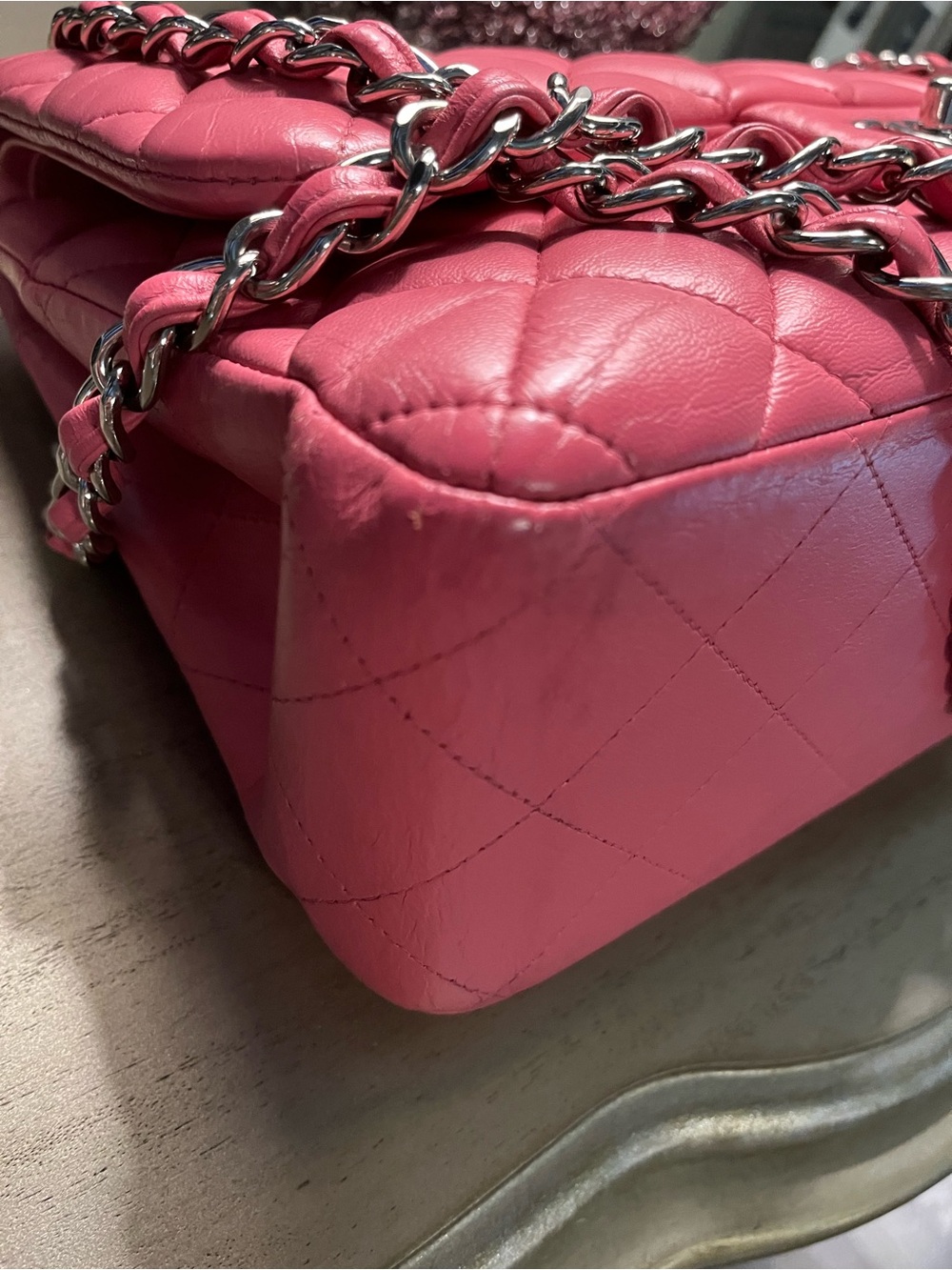 CHANEL Jumbo Quilted Double Flap Shoulder Bag in Hot Pink with Silver Hardware - Picture 7 of 13